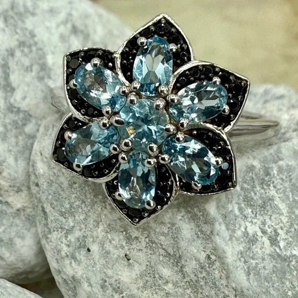 NWT Santa Maria Aquamarine & Black Spinel Daisy Ring Sz 10 Platinum 925 1.25ctw - Picture 13 of 17